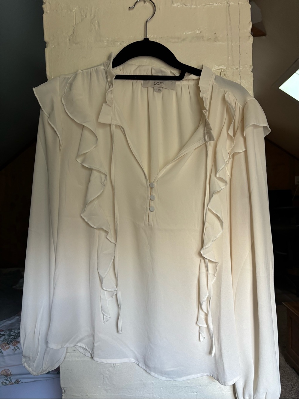 LOFT Cream Ruffle V-Neck Blouse with Button Placket